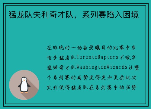 猛龙队失利奇才队，系列赛陷入困境